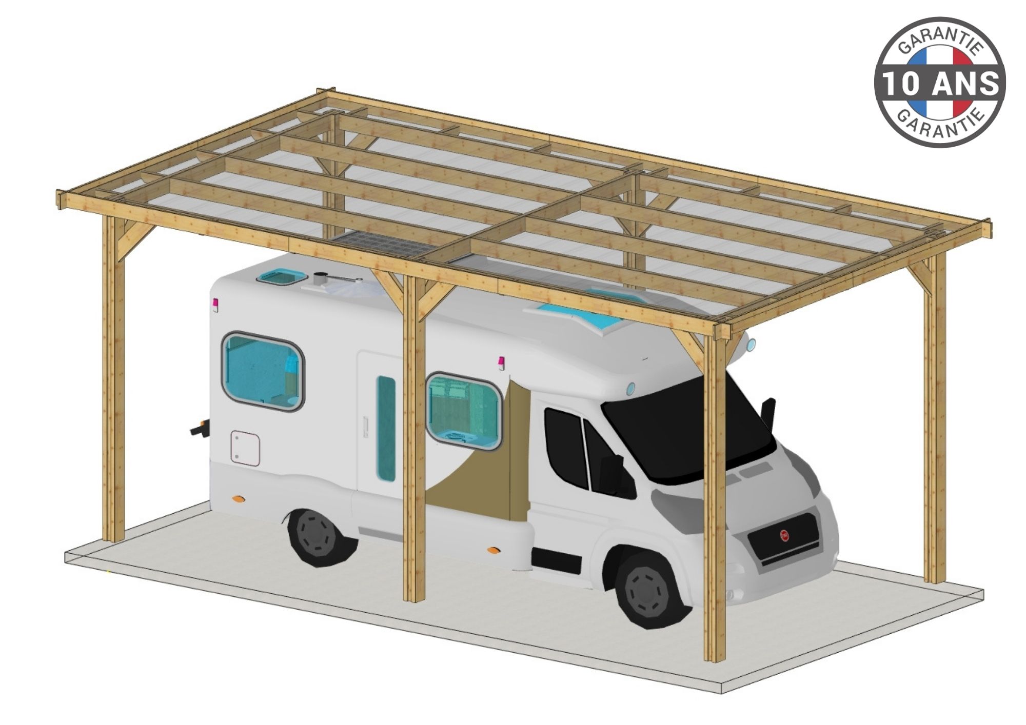 Carport Bois Douglas Français 28 m² – Toit plat – 6 poteaux – Abri camping car extérieur – Garantie 10 ans