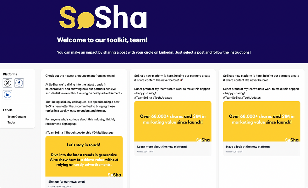 A sample of a toolkit that provides a centralized, “one-stop-shop” that allows for the use of organic social media posting from employees with pre-approved assets & language from your company.