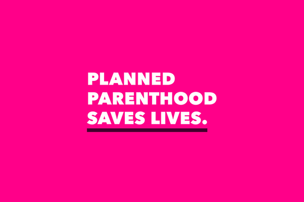 Text: Planned Parenthood Saves Lives with pink background