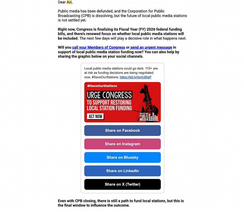 Previous example of email embedding from Protect My Public Media