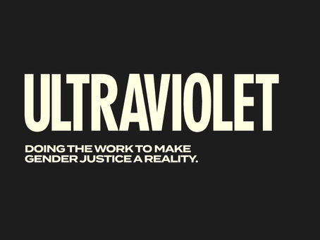 Ultraviolet logo with text: doign the work to make gender justice a reality