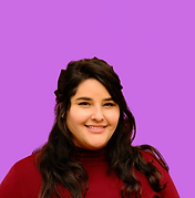 headshot of woman with brown hair smiling with purple background