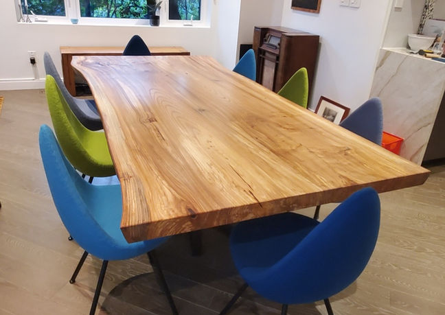 CWS0340 - Elm Dining Table, Curved Steel Base. 92 inches long, 46 inches wide. Private collection, Toronto, ON.