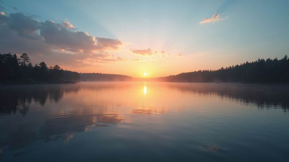 Eye-level view of a calm lake reflecting the sky at sunrise