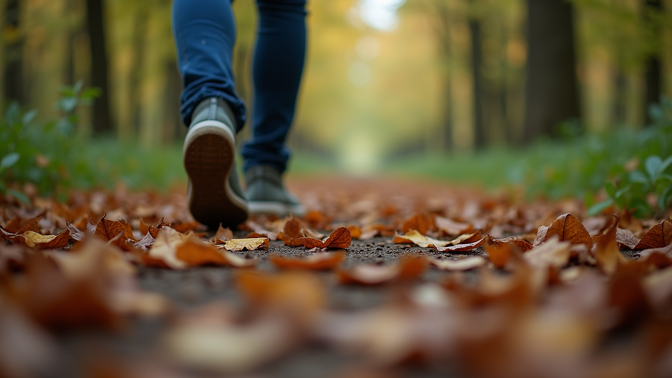Close-up view of a person’s feet walking on a forest path covered with leaves