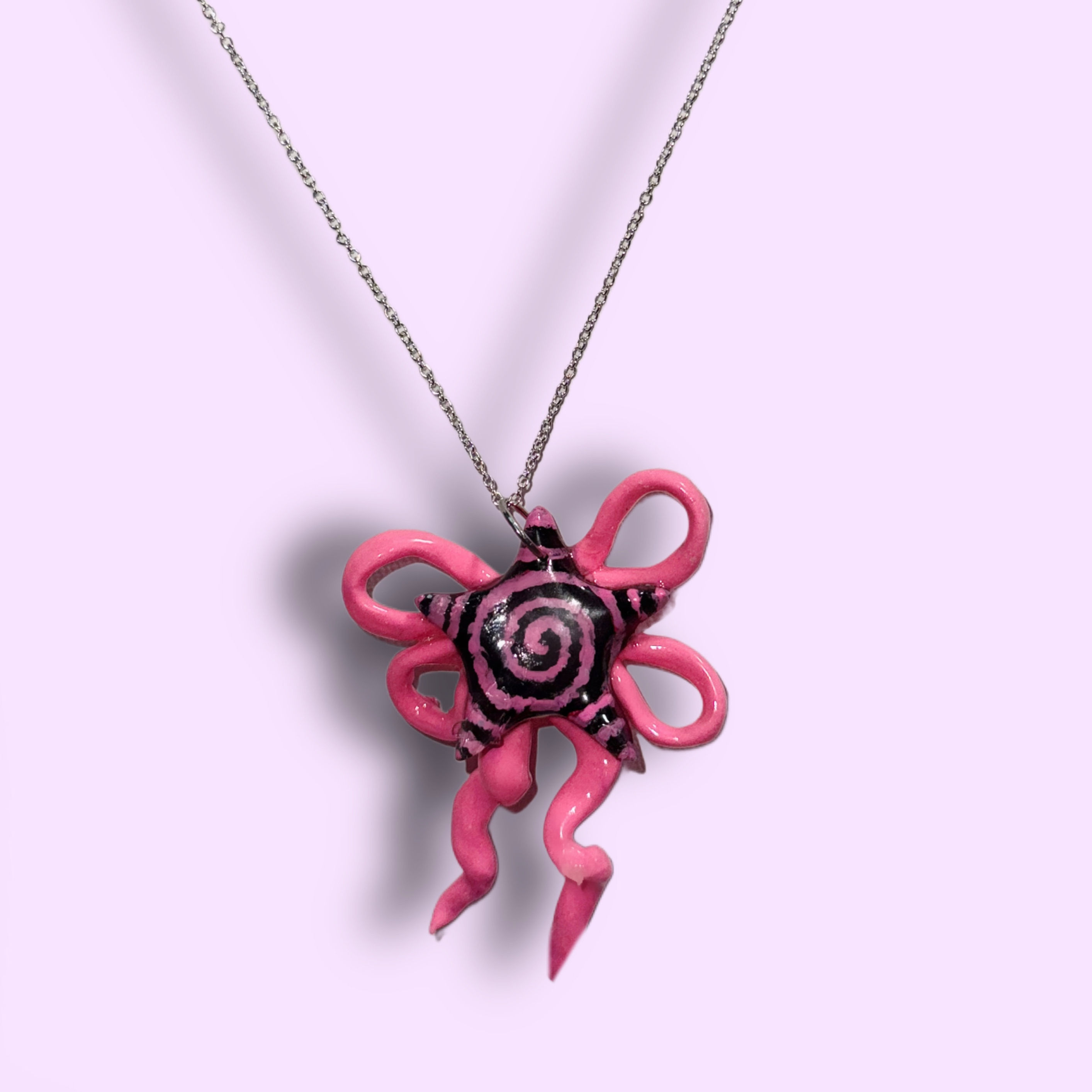 Star ribbon necklace . Neon pink and black  