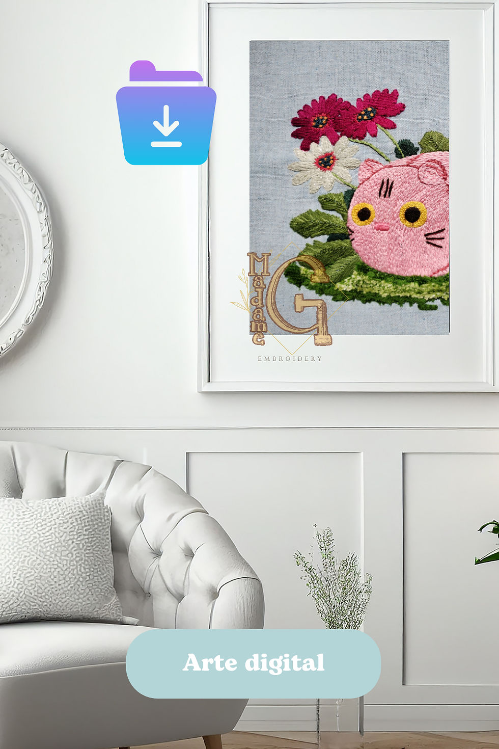 digital pink cat embroidery