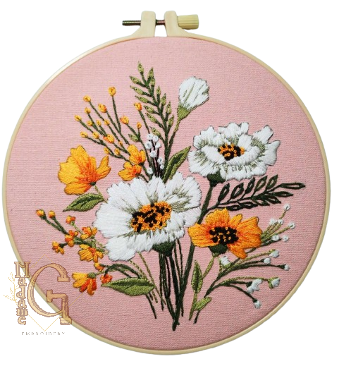 Sunflower-Inspired Hand Embroidery – Pale Pink Fabric Wall Art