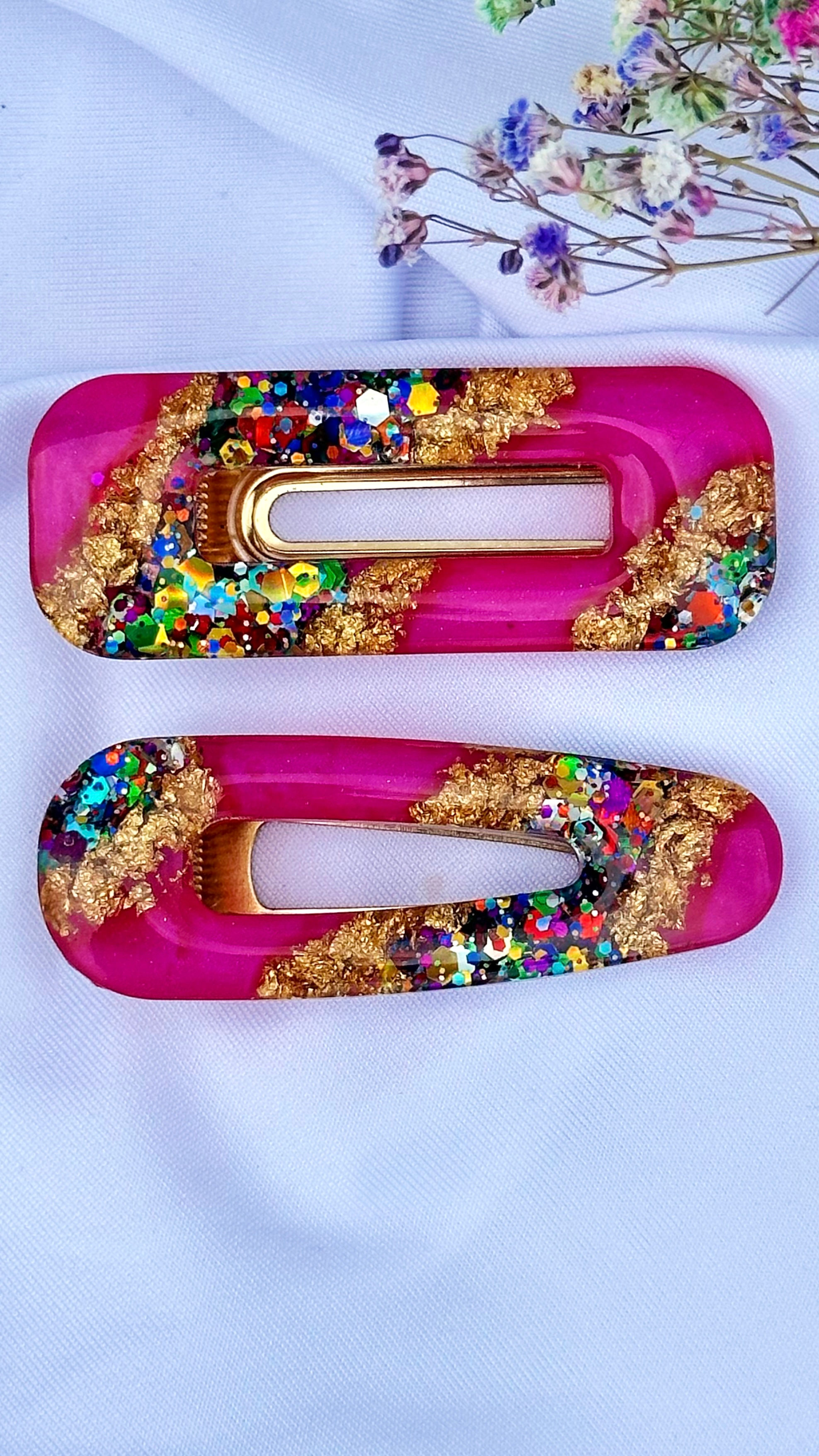 hot pink geode hairclips glitter gold
