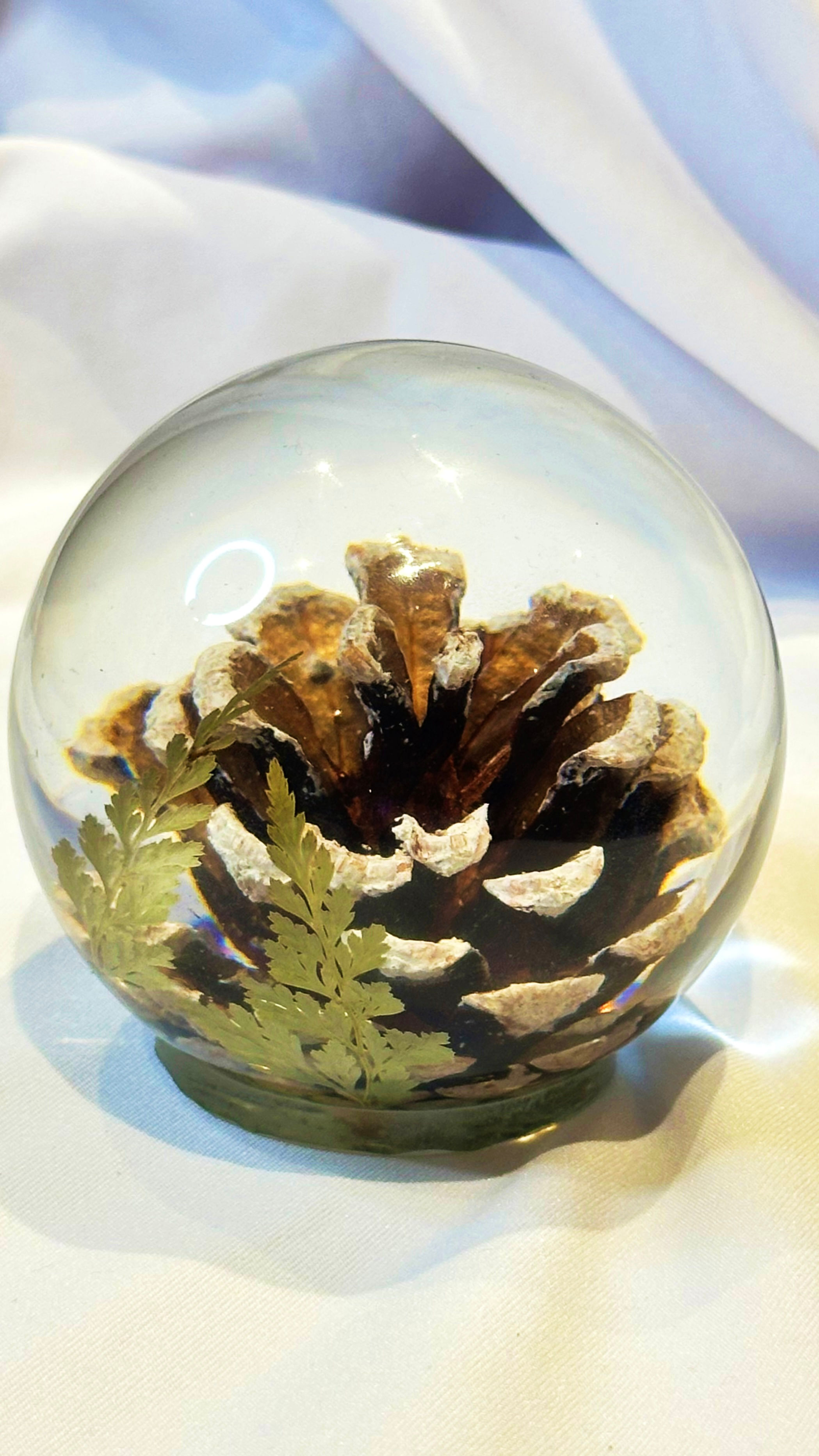 resin globe pine cone winter snow