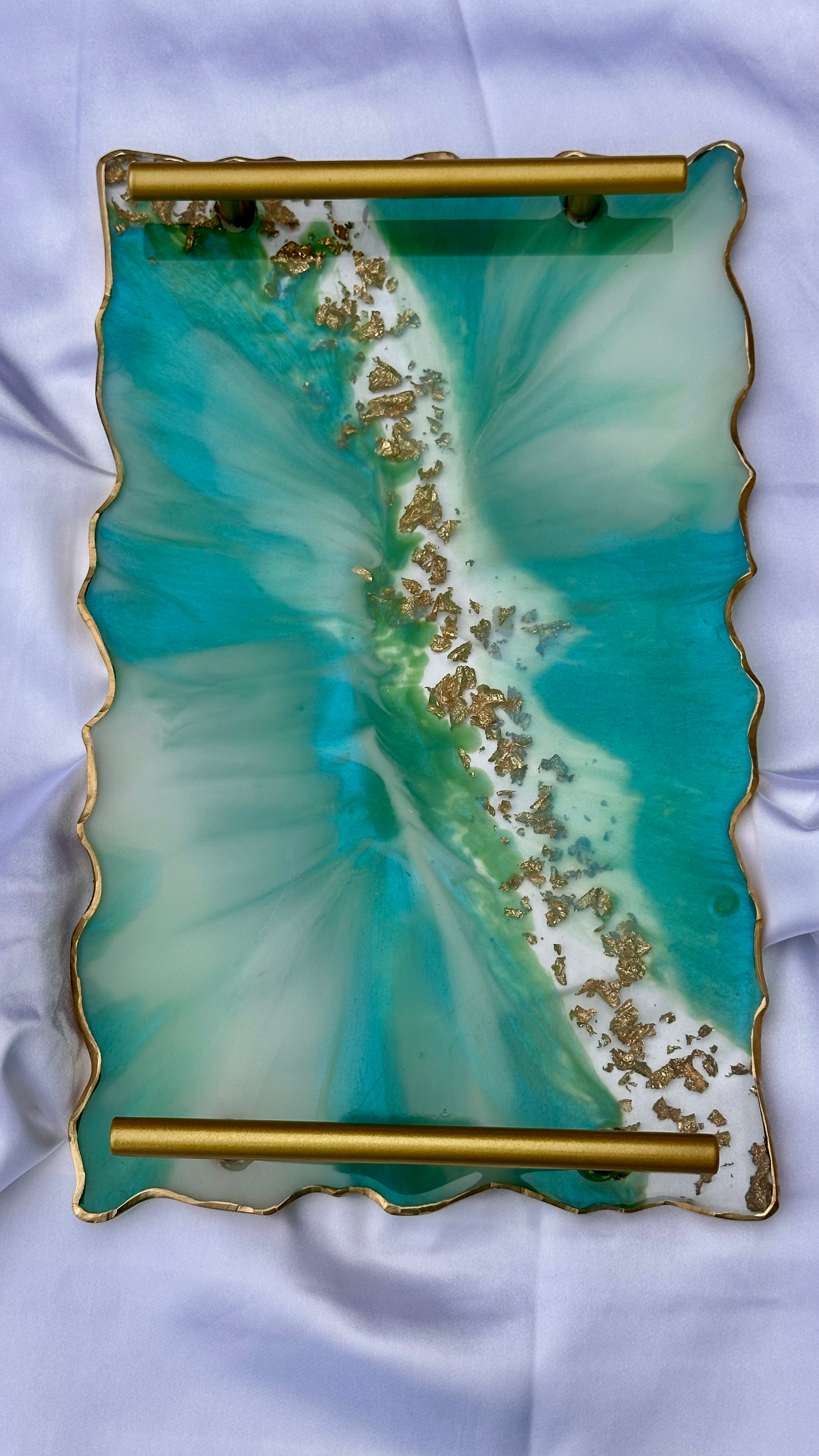 Teal and white greenish blue gold tray handles