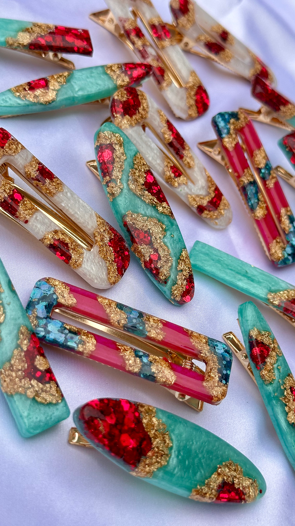 resin geode hairclips pink teal gold white
