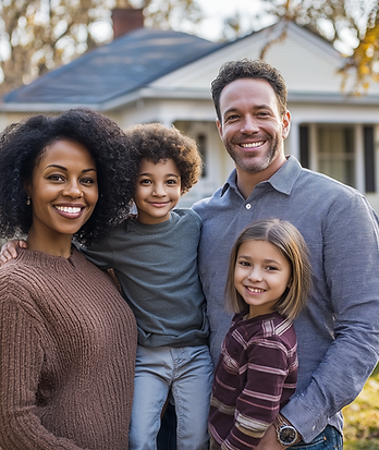 A smiling mixed-race family of four poses outside their suburban home on a sunny day. The mother wears a brown sweater, the f