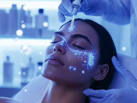 Aesthetic professional applying serum to a woman's forehead with a dropper, surrounded by glowing particles representing exosome activity and skin regeneration in a modern clinical environment.