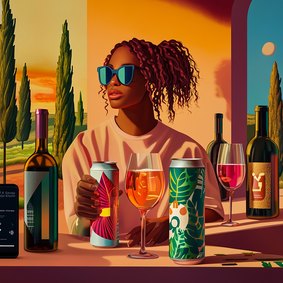 A stylish young woman, representing Gen Z, sits at a wine bar during sunset, holding a colorful can of wine. The table is adorned with canned wines featuring bold, playful designs, alongside bottles of organic and rosé wine. A wine glass filled with no-alcohol wine sits nearby, and a smartphone displaying a wine app is visible, highlighting the role of technology in modern wine experiences. The backdrop includes a vineyard at sunset, emphasizing sustainability and eco-friendly trends in the wine industry