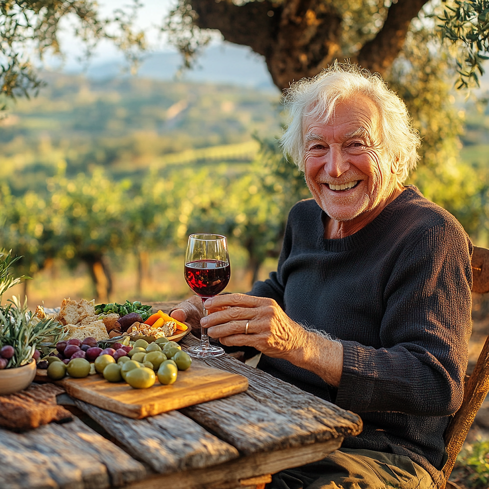 The image depicts an elderly man sitting outdoors at a rustic wooden table, enjoying a glass of red wine. He has a joyful expression on his face and is surrounded by a platter of fresh olives, nuts, cheese, and bread. The background features a beautiful vineyard landscape with olive trees and rolling hills, bathed in warm sunlight, evoking a peaceful, Mediterranean ambiance. The man appears relaxed and vibrant, showcasing a moment of contentment and well-being, possibly symbolizing the benefits of a balanced lifestyle that includes moderate wine consumption.