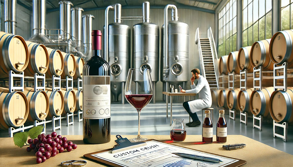 A modern winery interior with stainless steel fermentation tanks and rows of wine barrels. In the foreground, a table displays a bottle of wine with a custom label, a glass partially filled with red wine, grapes, and a clipboard with notes. A winemaker in the background is carefully examining a wine sample, symbolizing the custom crush winemaking process.