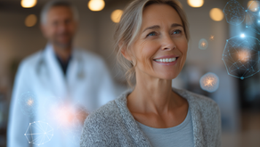 Smiling middle-aged woman in a cozy sweater standing in a bright medical clinic, with a blurred doctor in the background and floating holographic graphics representing cellular regeneration.        Ask ChatGPT