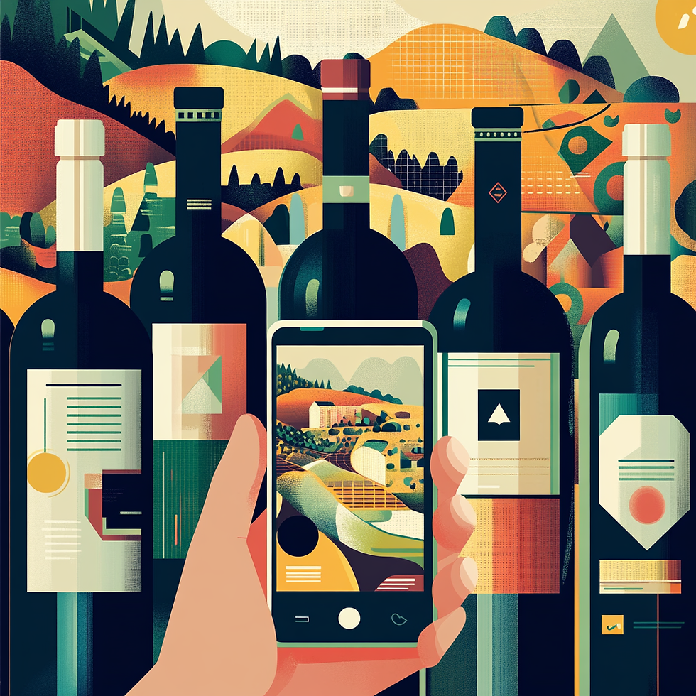 A vibrant Art Deco-inspired illustration depicting digital marketing in the wine industry. In the foreground, a hand holds a smartphone displaying a scenic vineyard, while five elegant wine bottles stand behind, each with sleek, geometric labels. The background shows rolling hills and vineyards, using bold shapes and warm tones of gold, green, and burgundy. The image captures the intersection of tradition and technology, highlighting the transition from physical vineyards to a digital world.