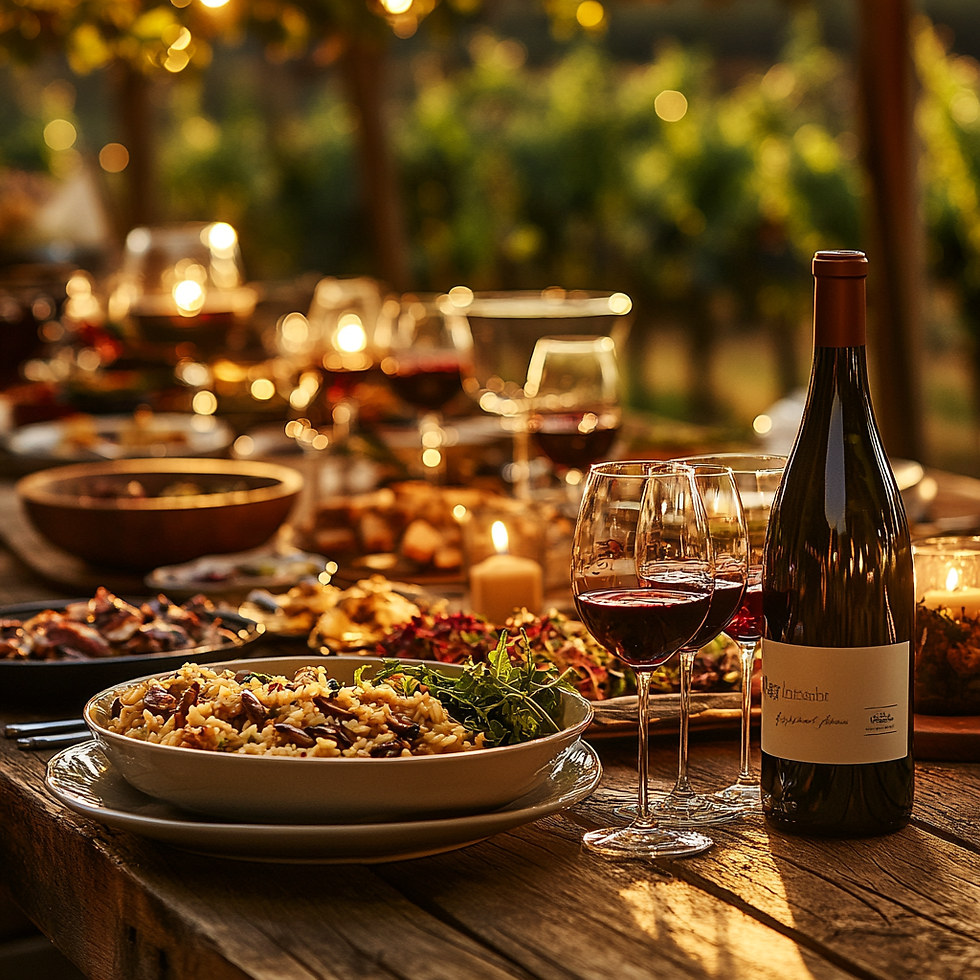 A beautifully set rustic wooden table is illuminated by the warm glow of candlelight and the fading sunlight. The table is adorned with wine glasses filled with rich red wine, accompanied by a bottle of wine. Plates of delicious food, including a hearty bowl of risotto with fresh greens, are artfully placed across the table. In the background, soft bokeh highlights a lush vineyard, evoking a serene and inviting atmosphere perfect for an outdoor dining experience.