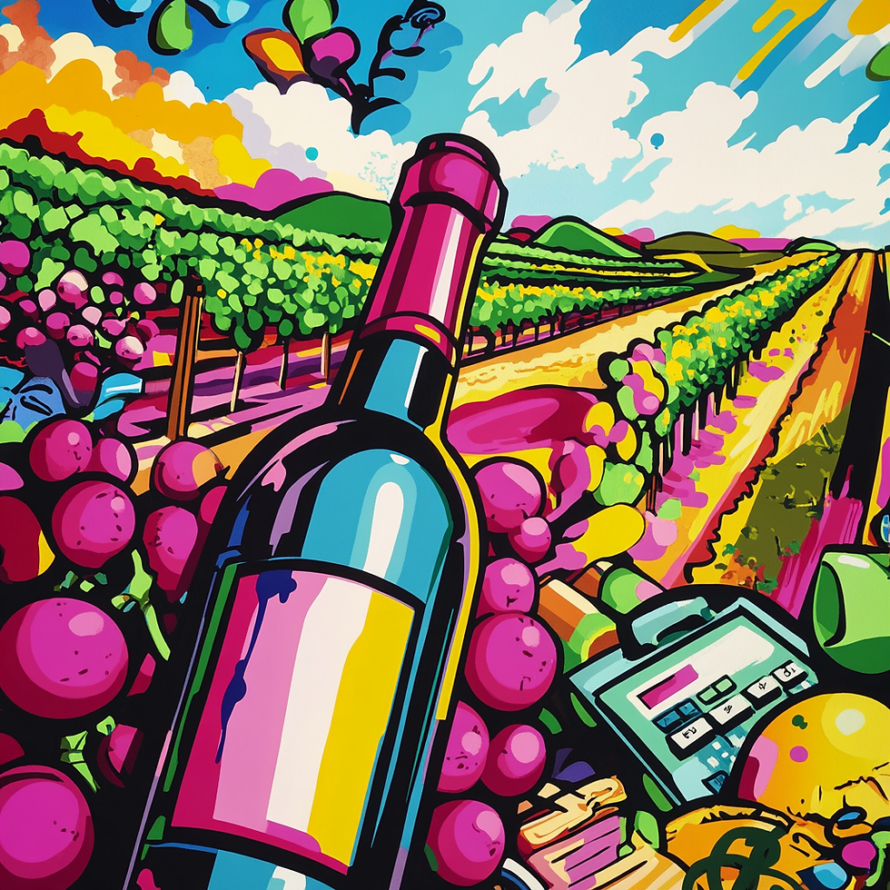 A vibrant pop art depiction of a wine bottle surrounded by large, colorful grape clusters in the foreground. The background shows a stylized vineyard with rows of vines extending toward the horizon under a bright blue sky. The artwork features bold, saturated colors—pinks, greens, yellows, and blues—accentuated by thick black outlines, typical of pop art style. A calculator and scattered financial documents in the lower right foreground symbolize the business side of winemaking, while the surrounding vineyard scenery emphasizes the agricultural aspect of wine production.