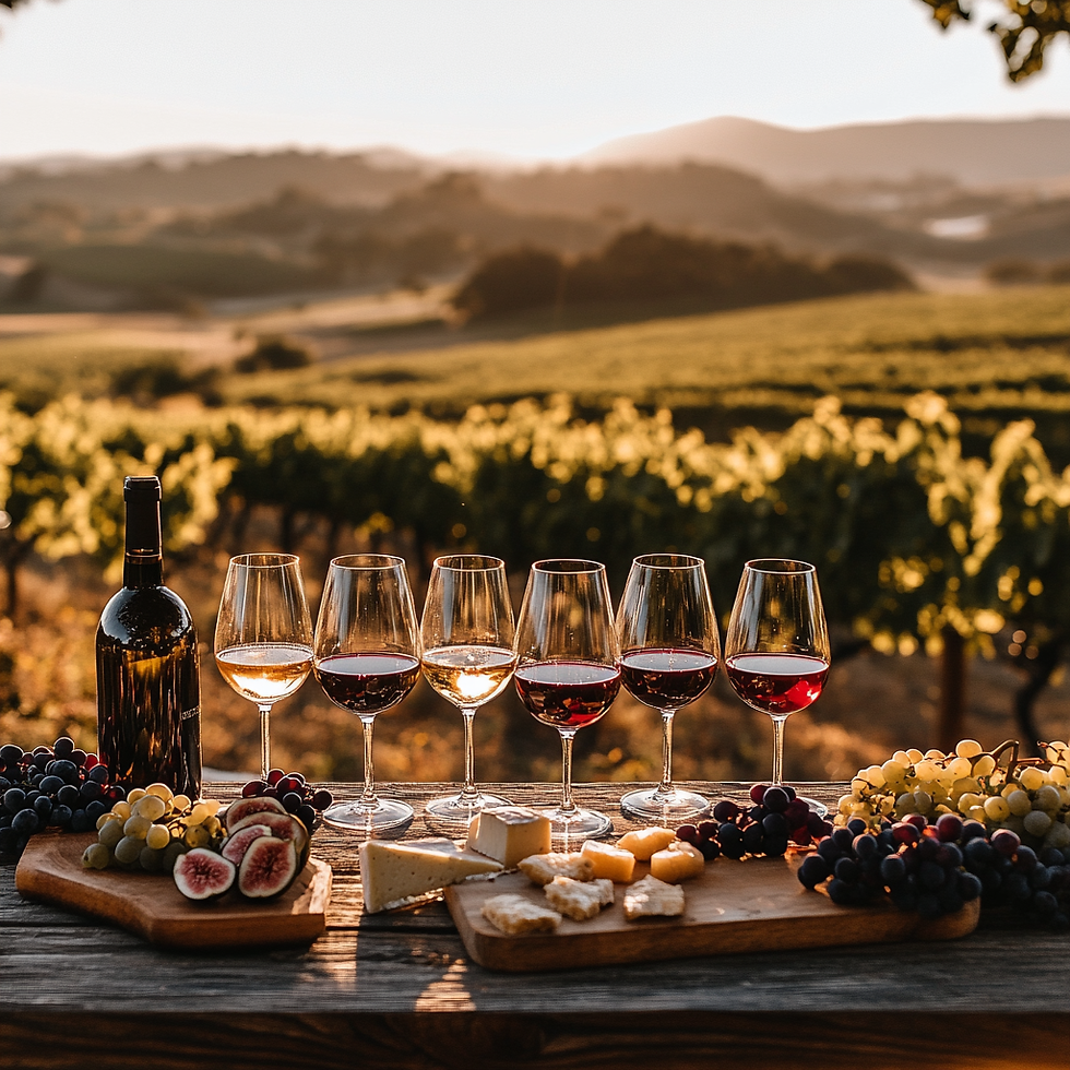 A scenic wine tasting setup at sunset, featuring six wine glasses filled with red, white, and rosé wines on a rustic wooden table. The backdrop showcases a beautiful vineyard bathed in golden light, with rolling hills in the distance. The table is adorned with a variety of fruits, such as grapes and figs, alongside a selection of cheeses on wooden boards, creating a warm, inviting atmosphere that captures the elegance of wine culture. A bottle of red wine stands next to the glasses, completing the sophisticated arrangement.
