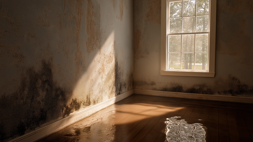 A sunlit room with severe water damage—dark mold spreading across the lower walls and standing water pooling on the wooden floor beneath a window.