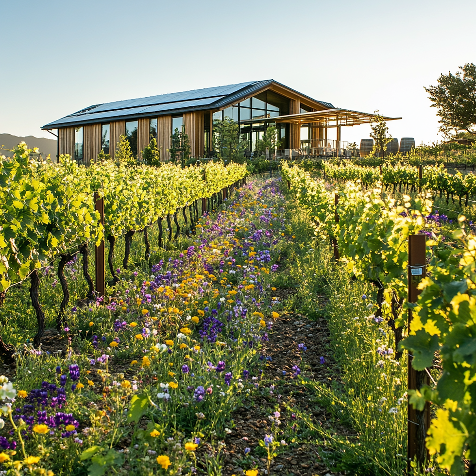A vibrant, organic vineyard at golden hour, showcasing rows of healthy grapevines surrounded by colorful wildflowers blooming between the vines. The vineyard leads up to a modern, eco-friendly winery with large glass windows and a roof covered in solar panels. The warm sunlight bathes the entire scene, highlighting the harmony between the natural elements and sustainable farming practices. The modern architecture blends seamlessly with the lush vineyard, symbolizing innovation and environmental stewardship in winemaking.