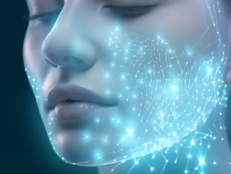 A digital 3D rendering of a woman's face in soft blue tones, highlighting a network of glowing exosome-like particles and connective lines across her cheek, symbolizing post-procedure skin regeneration and advanced facial healing through exosome therapy.