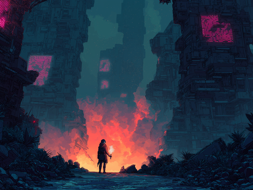 A lone cloaked figure holding a glowing torch stands on a rubble-strewn path, facing a towering wall of flame in a dystopian cityscape. Massive, dark structures with glowing pink digital screens loom on either side, resembling decayed high-tech fortresses. The sky is dark and hazy, lit by the orange-red blaze ahead, while overgrown plants and broken machinery line the foreground. The scene evokes a cyberpunk rebellion against a collapsing AI-dominated world.