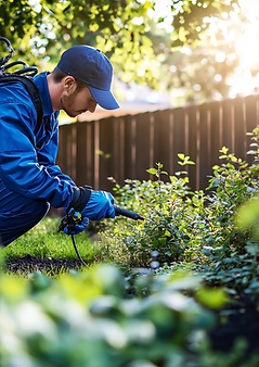 A pest control technician wearing a blue uniform and cap is crouching in a lush green garden, spraying pesticide on plants near a wooden fence. He carries a green pesticide tank on his back and wears protective gloves. The sunlight filters through the trees, creating a warm, natural setting.