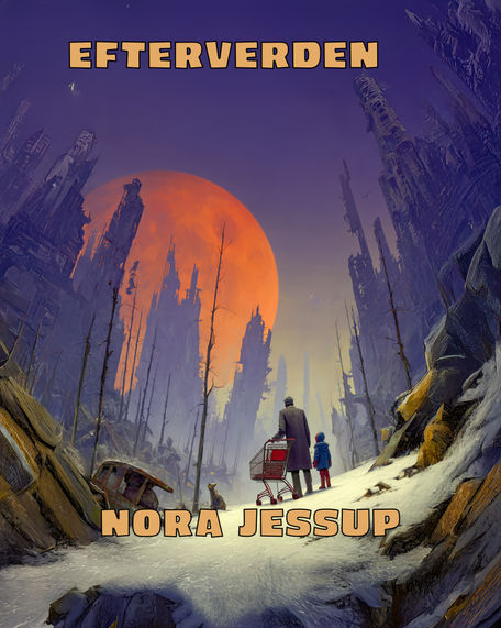 Bogforside for "Efterverden" af Nora Jessup, der viser en voksen og et barn, der skubber en indkøbsvogn i et snedækket, post-apokalyptisk landskab.