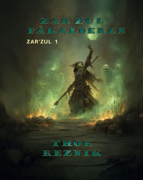  Bogcover design med AI-genereret illustration. Et bogomslag der viser en goblin, der står på en sti af kranier, mens han er omgivet af svævende kranier og en grønlig glød.