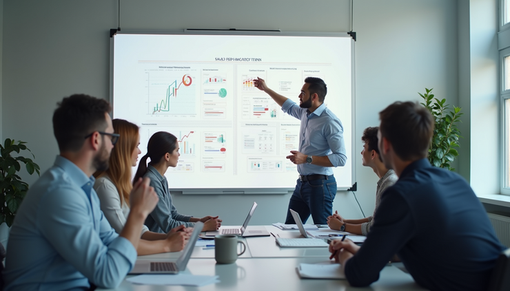 High angle view of a project team reviewing SaaS implementation progress on a whiteboard