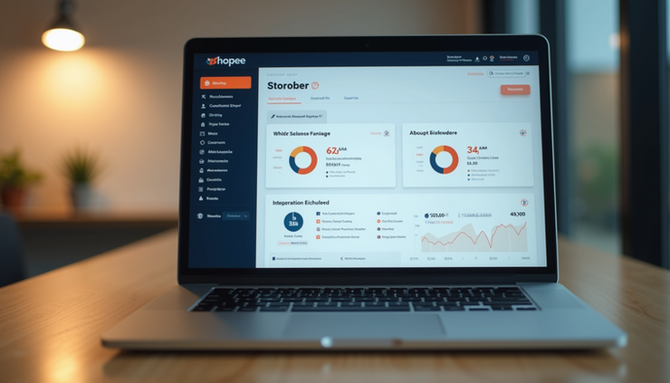 Close-up view of a laptop screen showing Shopee and Lazada integration dashboards