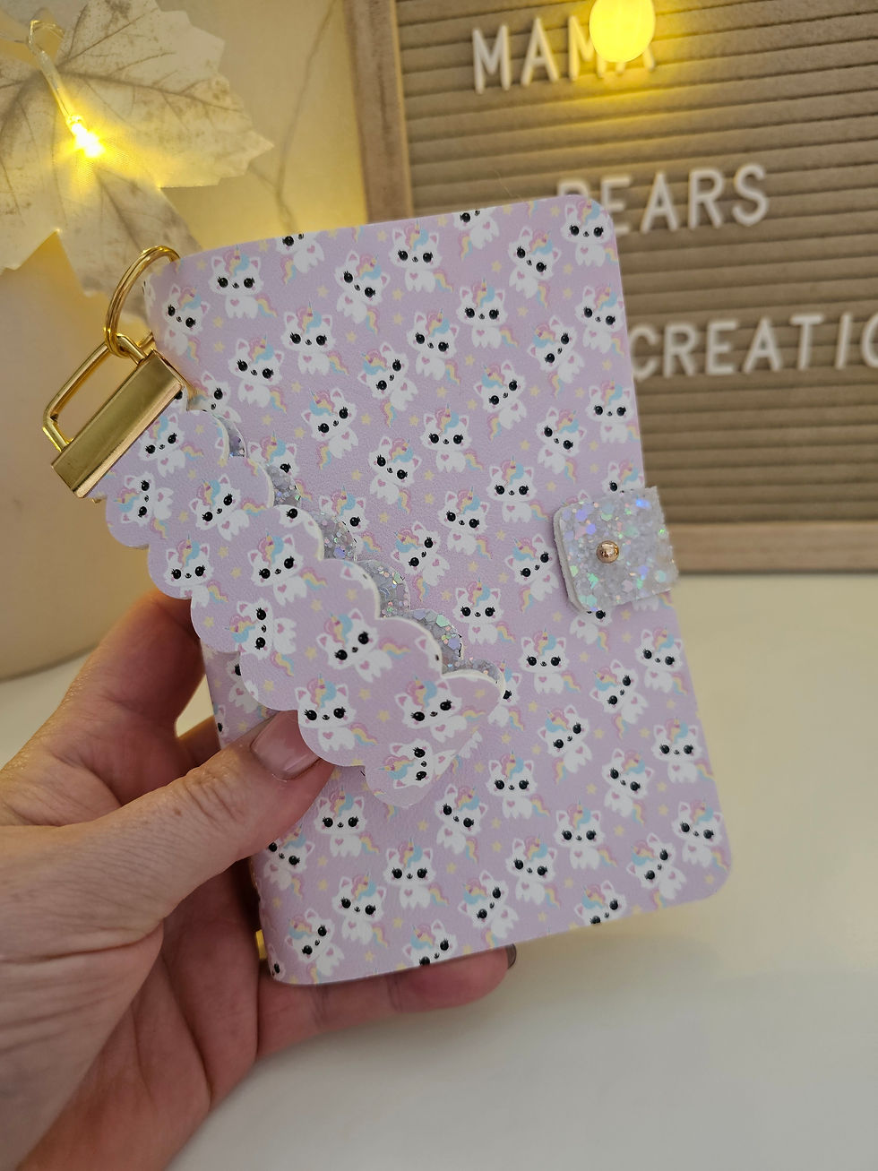 Thumbnail: Magical Kitty Mini Notebook with Glitter Cover & Wristlet | Refillable