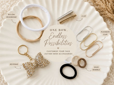 Handmade bow shown on a keyring showing other accessory options, such as paperclips, hair clips, bobbles, and nylon headbands