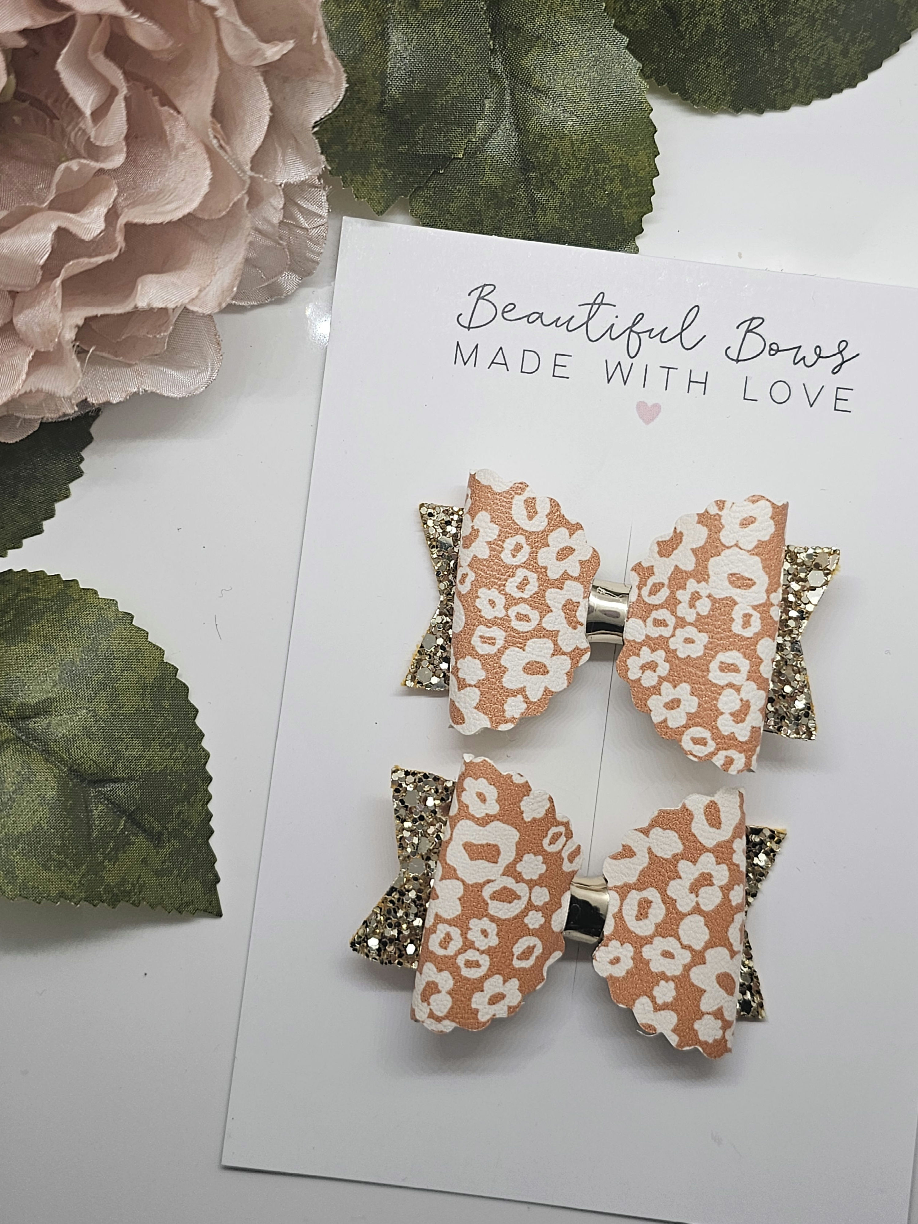 Tan Glitter Floral Pigtail Bows