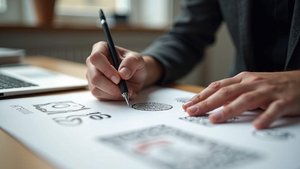 Eye-level view of a designer sketching logo concepts on paper