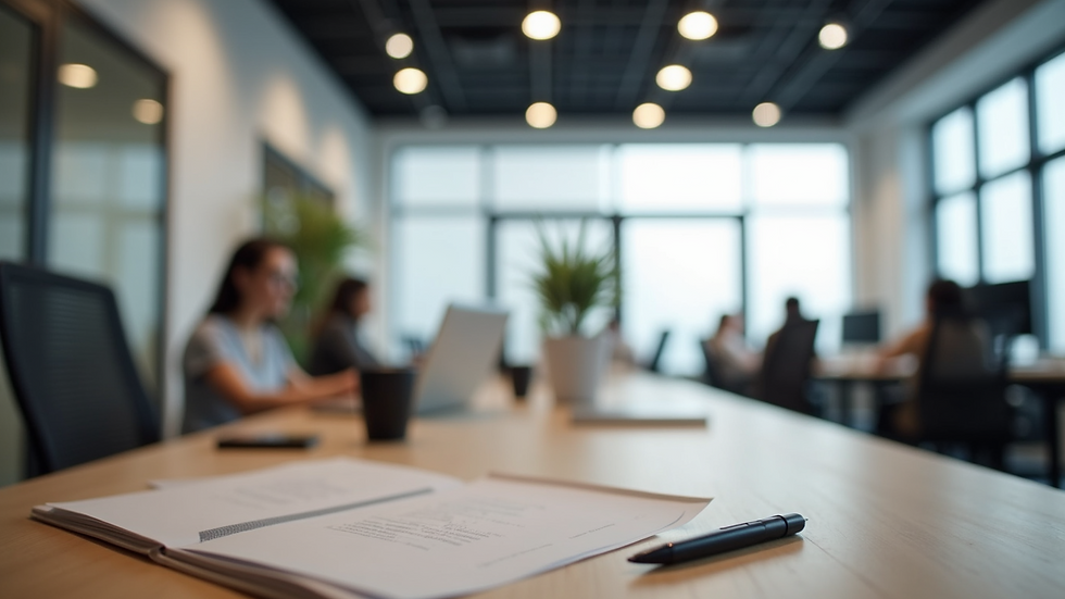 Eye-level view of a modern office workspace with branding materials