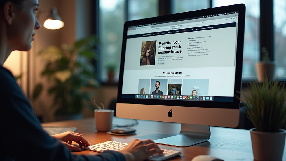 Eye-level view of a modern office workspace with a computer displaying a website layout