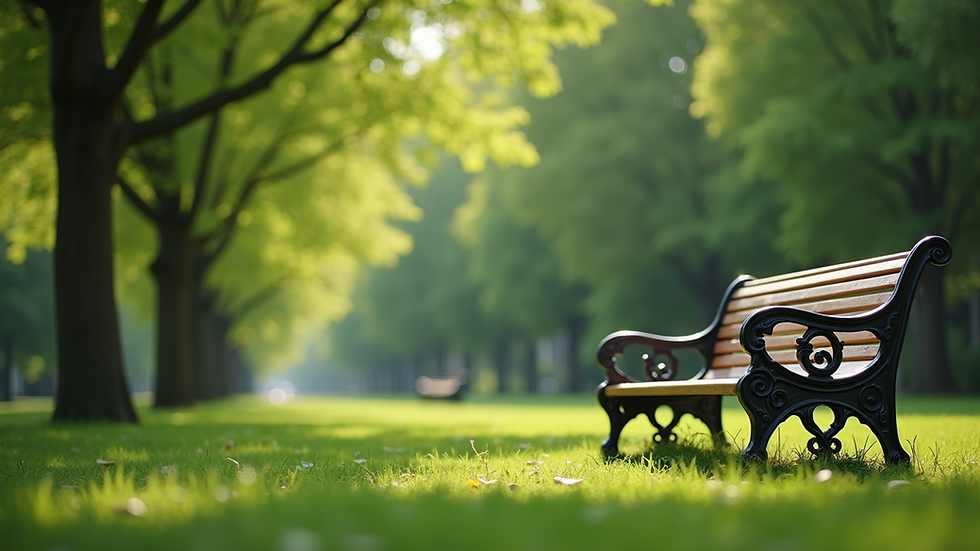 Eye-level view of a serene park bench surrounded by lush greenery