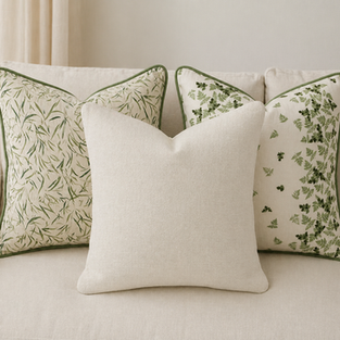 Three-pillow cluster featuring a botanical patterned pillow with green piping, a textured cream center pillow and a fern print pillow with matching piping in a layered botanical arrangement.