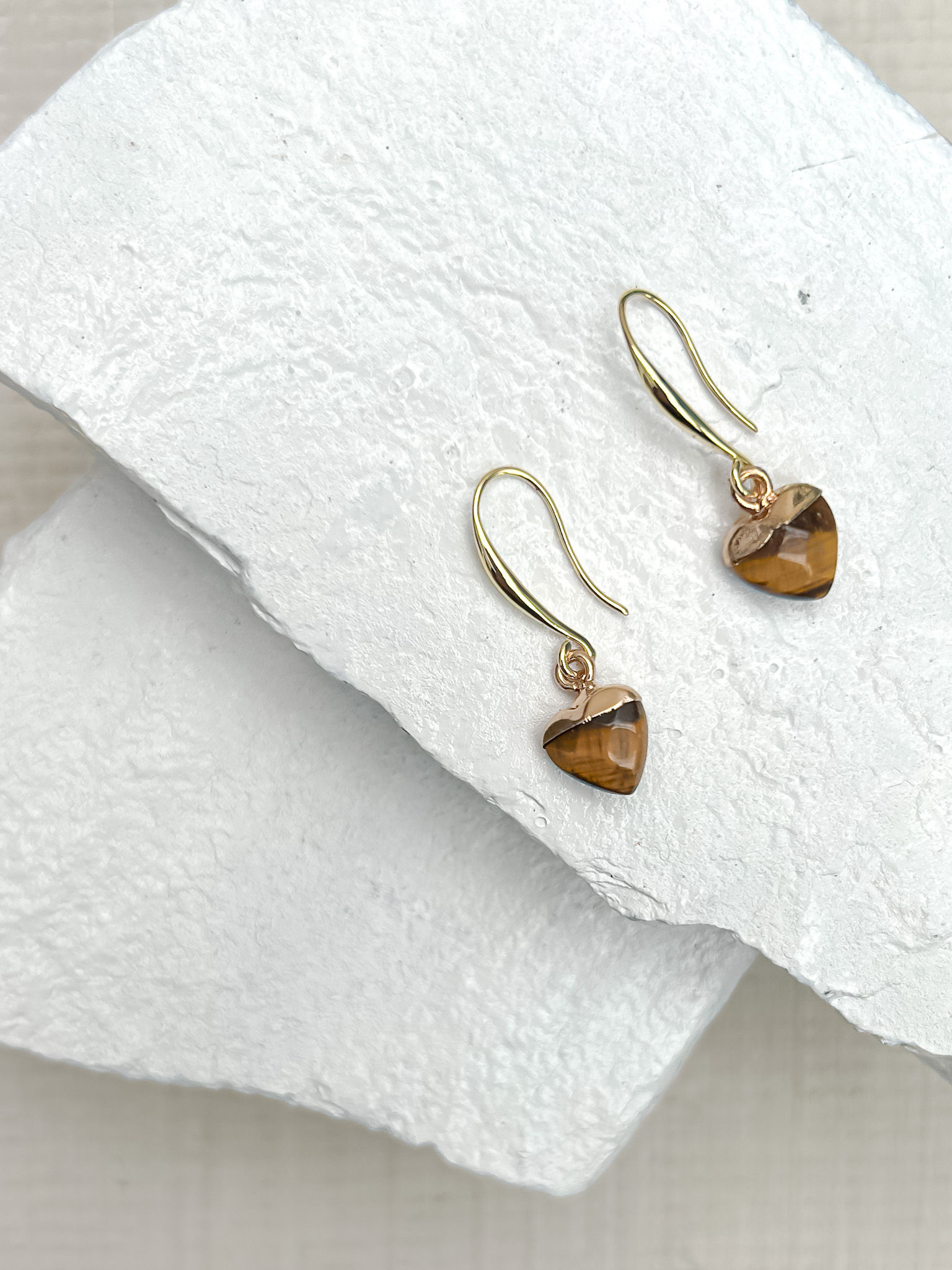 Tiger Eye Small Heart Gold Plated Earrings