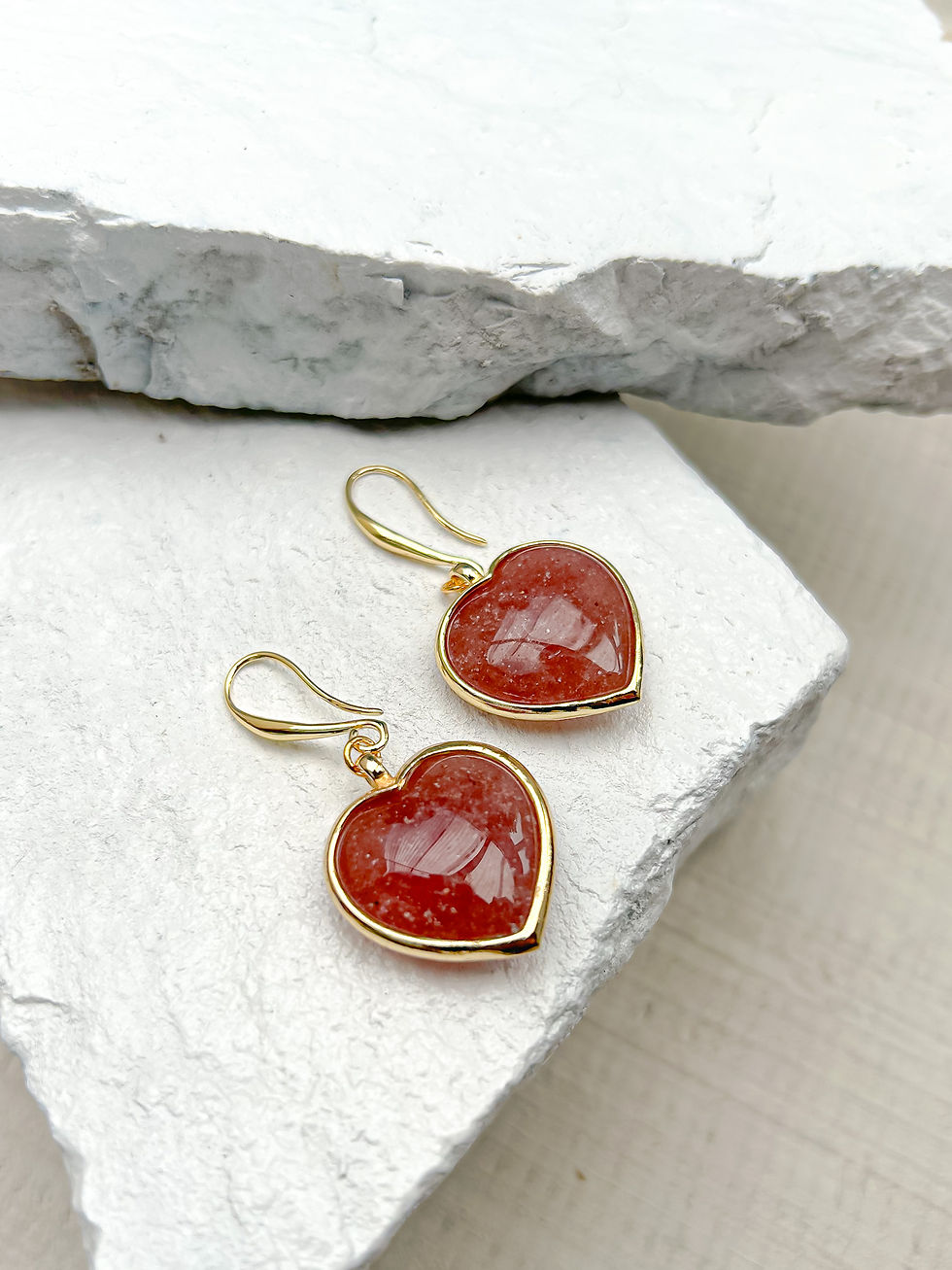 Thumbnail: Strawberry Quartz Puff Heart Gold Plated Earrings