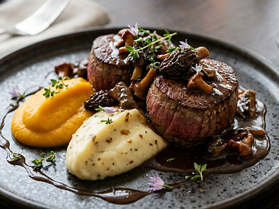 beef medallions in wild mushroom and red wine jus, close up, nice plates, not rustic remov