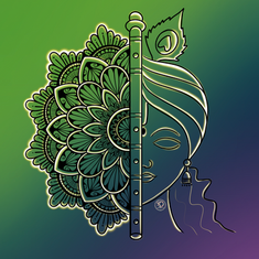 Split-face Krishna illustration with green background and intricate mandala linework.