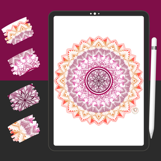 Mockup of a digital mandala design created on an iPad, showcasing intricate details and vibrant colors on the screen.