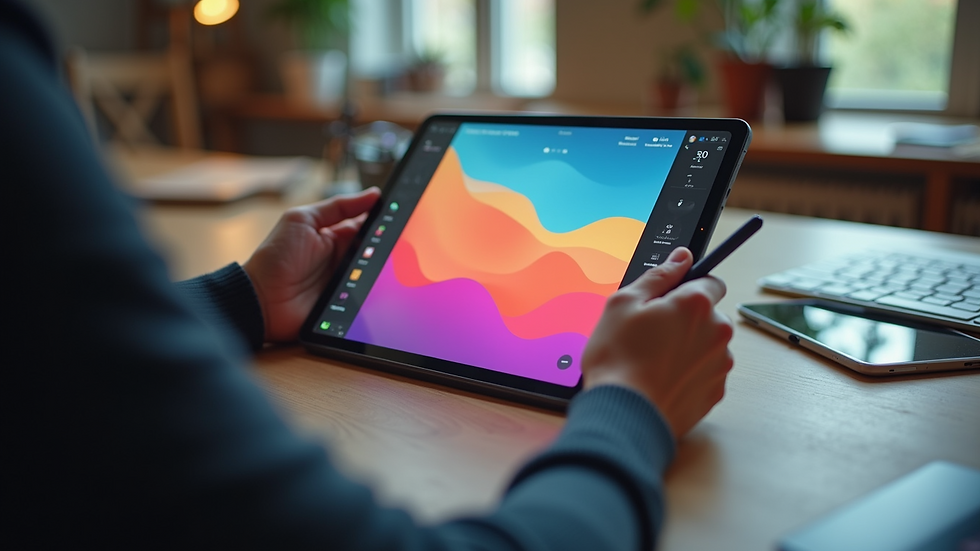 High angle view of a digital tablet displaying the Procreate interface