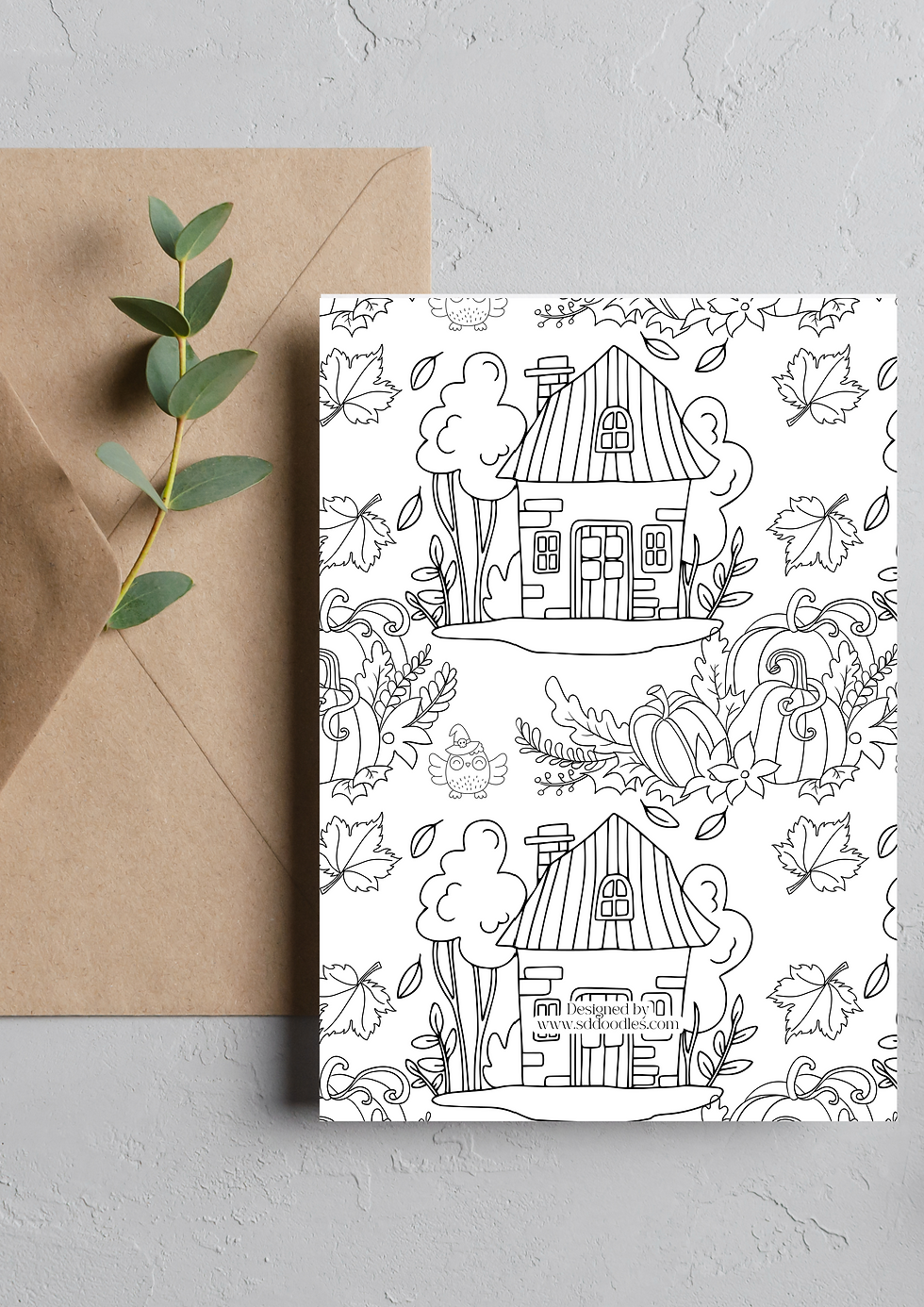 Sample page from the Autumn Coloring Cards set showing a detailed illustration of autumn leaves and acorns.